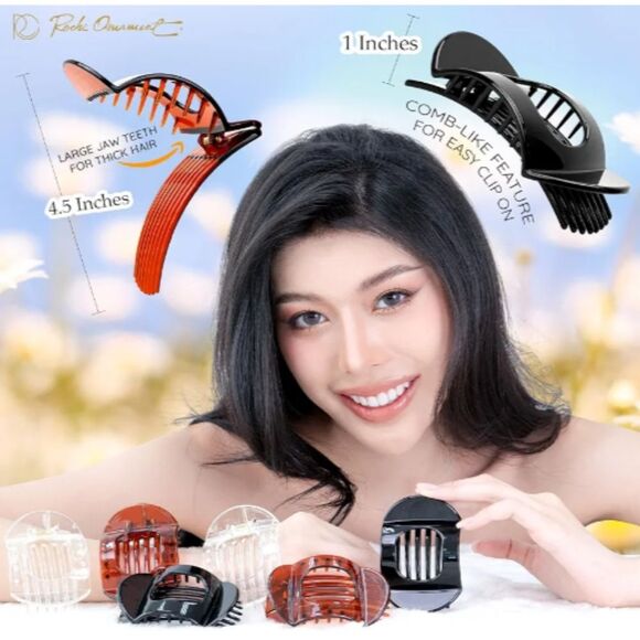 Set of 6 Large Lay Flat Hair Claw Clips in Black, Clear, and Amber NWT - Picture 2 of 7